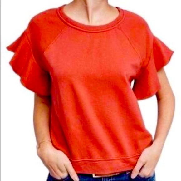 Anthropologie Tops - Anthropologie Saturday Sunday Ellie Ruffle Short Sleeve Sweatshirt Red Medium